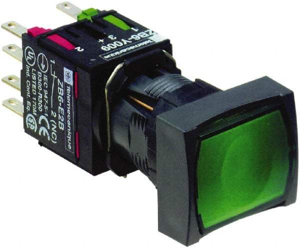 Schneider Electric - 16mm Mount Hole, Flush, Pushbutton Switch with Contact Block - Rectangle, Green Pushbutton, Illuminated, Momentary (MO) - Industrial Tool & Supply
