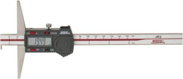 SPI - 0mm to 150mm ABS Plastic (Case) Electronic Depth Gage - 0.02mm Accuracy, 0.01mm Resolution, 4" Base Length, With Single Hook - Industrial Tool & Supply