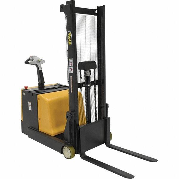 Vestil - 1,100 Lb Capacity, 62" Lift Height, Battery Powered Stacker - 1-3/16" Lowered Height, 30" Fork Length, 32" Overall Width - Industrial Tool & Supply
