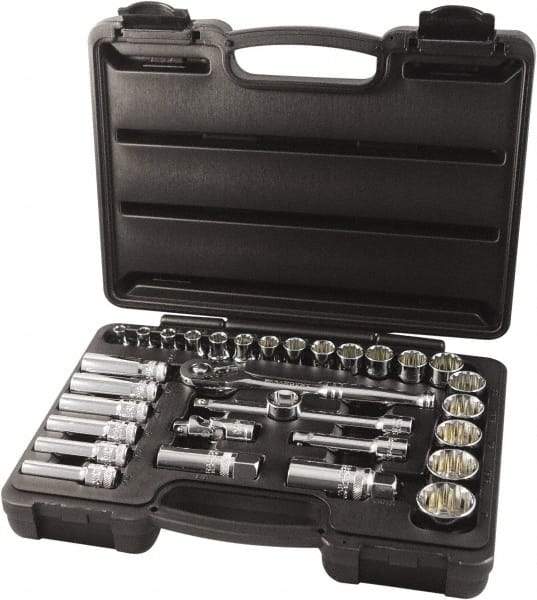 Paramount - 31 Piece 3/8" Drive Chrome Finish Socket Set - 12 Points, 1/4" to 1" Range, Inch Measurement Standard - Industrial Tool & Supply
