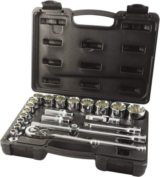 Paramount - 22 Piece 1/2" Drive Chrome Finish Socket Set - 12 Points, 5/16" to 1-1/4" Range, Inch Measurement Standard - Industrial Tool & Supply