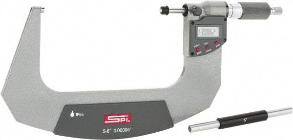SPI - 5 to 6" Range, 0.00005" Resolution, Double Ratchet IP65 Electronic Outside Micrometer - 0.0002" Accuracy, Ratchet-Friction Thimble, Carbide Face, CR2032 Battery, Includes NIST Traceable Certification of Inspection - Industrial Tool & Supply