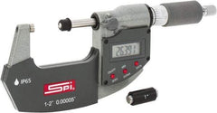 SPI - 1 to 2" Range, 0.00005" Resolution, Double Ratchet IP65 Electronic Outside Micrometer - 0.0002" Accuracy, Ratchet-Friction Thimble, Carbide Face, CR2032 Battery, Includes NIST Traceable Certification of Inspection - Industrial Tool & Supply