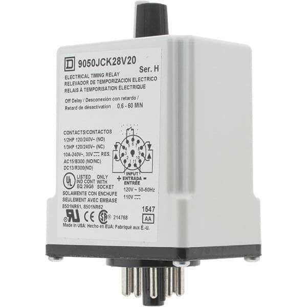 Square D - 0.66 min Delay, DPDT Time Delay Relay - 10 Contact Amp, 110 VDC & 120 VAC - Industrial Tool & Supply