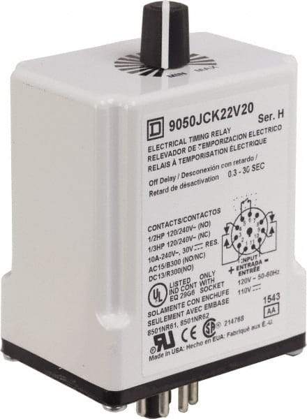 Square D - DPDT Time Delay Relay - 10 Contact Amp, 110 VDC & 120 VAC - Industrial Tool & Supply