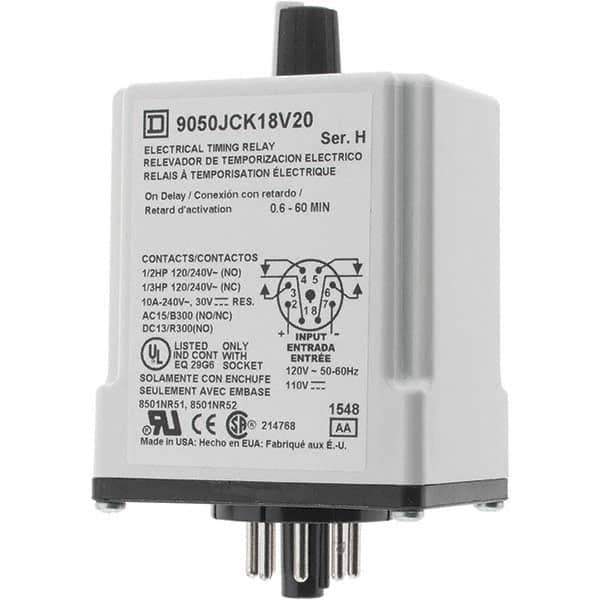 Square D - 0.66 min Delay, DPDT Time Delay Relay - 10 Contact Amp, 110 VDC & 120 VAC - Industrial Tool & Supply