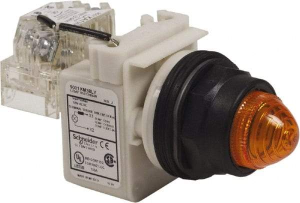 Schneider Electric - 120 V Amber Lens LED Pilot Light - Round Lens, Screw Clamp Connector, 54mm OAL x 42mm Wide, Vibration Resistant - Industrial Tool & Supply