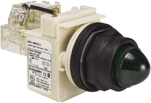Schneider Electric - 120 V Green Lens LED Press-to-Test Indicating Light - Round Lens, Screw Clamp Connector, Corrosion Resistant, Dust Resistant, Oil Resistant - Industrial Tool & Supply