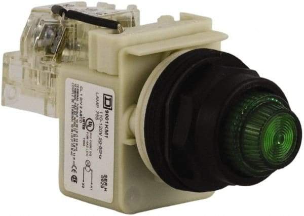 Schneider Electric - 110 VAC at 50/60 Hz via Transformer, 120 VAC at 50/60 Hz via Transformer Green Lens Press-to-Test Indicating Light - Round Lens, Screw Clamp Connector, Corrosion Resistant, Dust Resistant, Oil Resistant - Industrial Tool & Supply