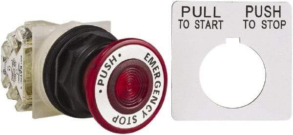 Schneider Electric - 30mm Mount Hole, Extended Straight, Pushbutton Switch with Contact Block - Red Pushbutton, Maintained (MA) - Industrial Tool & Supply