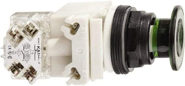 Schneider Electric - 30mm Mount Hole, Extended Straight, Pushbutton Switch with Contact Block - Green Pushbutton, Maintained (MA) - Industrial Tool & Supply