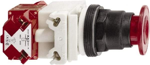 Schneider Electric - 30mm Mount Hole, Extended Straight, Pushbutton Switch with Contact Block - Red Pushbutton, Maintained (MA), Momentary (MO) - Industrial Tool & Supply