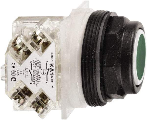 Schneider Electric - 30mm Mount Hole, Flush, Pushbutton Switch with Contact Block - Octagon, Green Pushbutton, Momentary (MO) - Industrial Tool & Supply