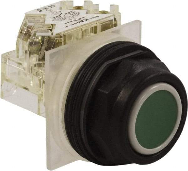 Schneider Electric - 30mm Mount Hole, Flush, Pushbutton Switch with Contact Block - Octagon, Green Pushbutton, Momentary (MO) - Industrial Tool & Supply