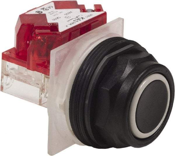 Schneider Electric - 30mm Mount Hole, Extended Straight, Pushbutton Switch with Contact Block - Black Pushbutton, Momentary (MO) - Industrial Tool & Supply