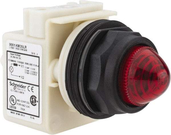 Schneider Electric - 24 VAC/DC Red Lens LED Pilot Light - Round Lens, Screw Clamp Connector, 54mm OAL x 42mm Wide, Vibration Resistant - Industrial Tool & Supply