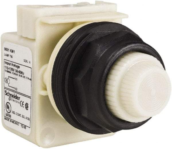 Schneider Electric - 110 VAC at 50/60 Hz via Transformer, 120 VAC at 50/60 Hz via Transformer White Lens Indicating Light - Round Lens, Screw Clamp Connector, Corrosion Resistant, Dust Resistant, Oil Resistant - Industrial Tool & Supply