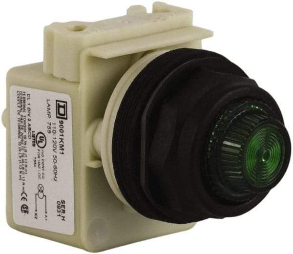 Schneider Electric - 110 VAC at 50/60 Hz via Transformer, 120 VAC at 50/60 Hz via Transformer Green Lens Indicating Light - Round Lens, Screw Clamp Connector, Corrosion Resistant, Dust Resistant, Oil Resistant - Industrial Tool & Supply