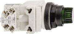 Schneider Electric - 30mm Mount Hole, Extended Straight, Pushbutton Switch with Contact Block - Green Pushbutton, Momentary (MO) - Industrial Tool & Supply