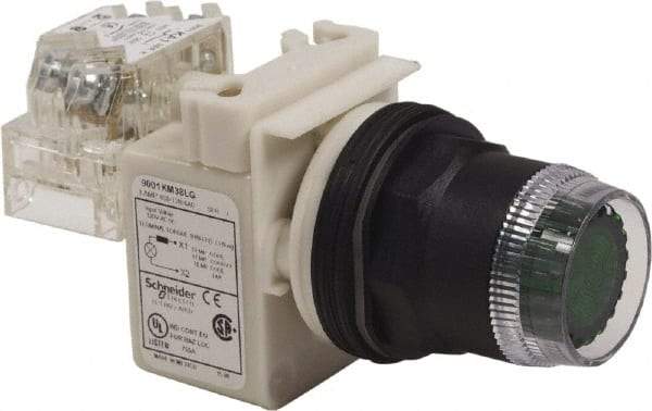Schneider Electric - 30mm Mount Hole, Extended Straight, Pushbutton Switch with Contact Block - Green Pushbutton, Momentary (MO) - Industrial Tool & Supply