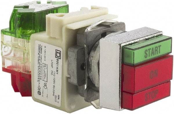 Schneider Electric - 30mm Mount Hole, Pushbutton Switch with Pilot Light - Rectangle, Green and Red Pushbutton, Illuminated, Momentary (MO), Start-On-Stop - Industrial Tool & Supply