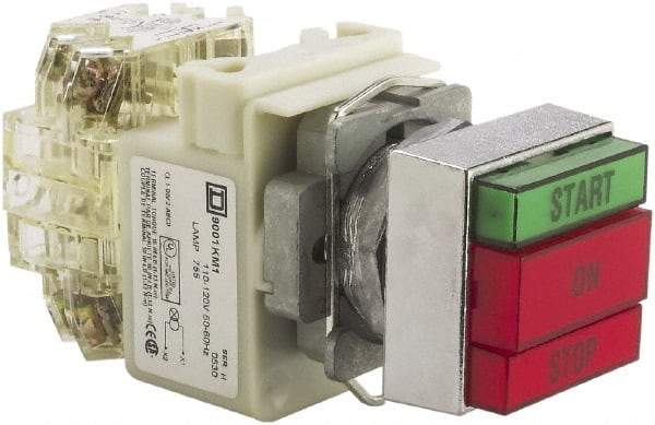 Schneider Electric - 30mm Mount Hole, Pushbutton Switch with Pilot Light - Rectangle, Green and Red Pushbutton, Illuminated, Momentary (MO), Start-On-Stop - Industrial Tool & Supply