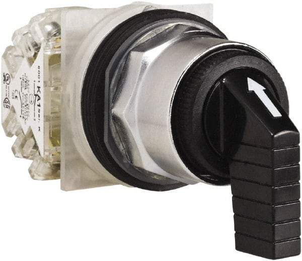 Schneider Electric - 30mm Mount Hole, 3 Position, Knob and Pushbutton Operated, Selector Switch - Black, Momentary (MO), NO/NC, Weatherproof and Dust and Oil Resistant - Industrial Tool & Supply