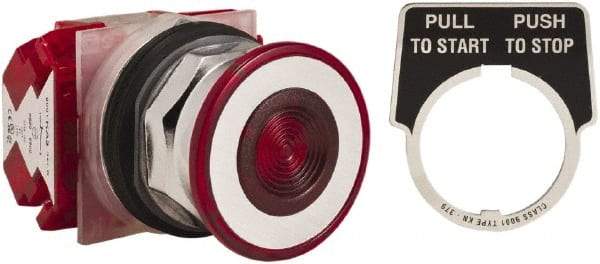 Schneider Electric - 30mm Mount Hole, Extended Straight, Pushbutton Switch with Contact Block - Red Pushbutton, Maintained (MA) - Industrial Tool & Supply