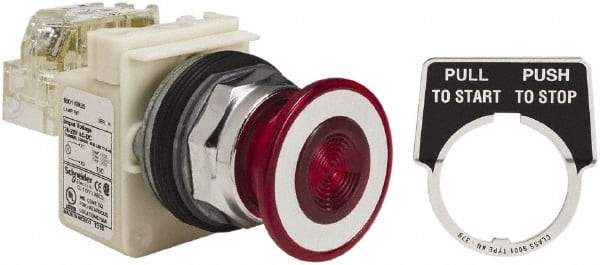 Schneider Electric - 30mm Mount Hole, Extended Straight, Pushbutton Switch with Contact Block - Red Pushbutton, Maintained (MA) - Industrial Tool & Supply