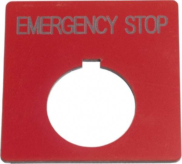 Schneider Electric - Square, Plastic Legend Plate - Emergency Stop - Red Background, Black Letters, 1.2 Inch Hole Diameter, 2-1/2 Inch Square - Industrial Tool & Supply