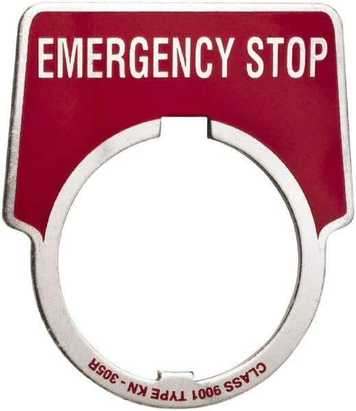 Schneider Electric - Aluminum Legend Plate - Emergency Stop - Black Background, 30mm Hole Diameter, 1-3/4 Inch Wide - Industrial Tool & Supply