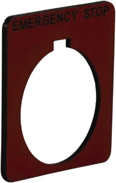 Schneider Electric - Square, Plastic Legend Plate - Emergency Stop - Red Background, Black Letters, 1.2 Inch Hole Diameter, 1-3/4 Inch Square - Industrial Tool & Supply