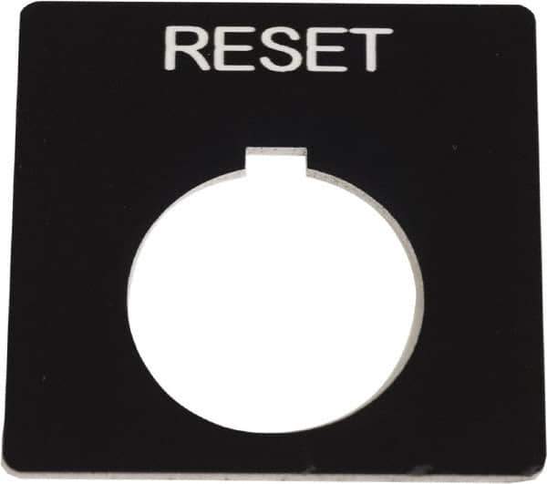 Schneider Electric - Square, Plastic Legend Plate - Reset - Black Background, White Letters, 1.2 Inch Hole Diameter, 2-1/4 Inch Square - Industrial Tool & Supply