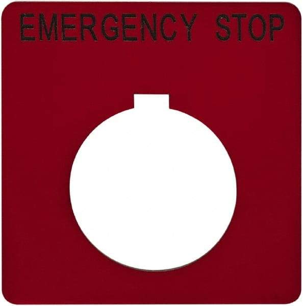 Schneider Electric - Square, Plastic Legend Plate - Emergency Stop - Red Background, Black Letters, 1.2 Inch Hole Diameter, 2-1/4 Inch Square - Industrial Tool & Supply