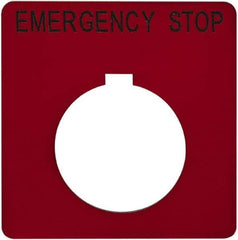 Schneider Electric - Square, Plastic Legend Plate - Emergency Stop - Red Background, Black Letters, 1.2 Inch Hole Diameter, 2-1/4 Inch Square - Industrial Tool & Supply