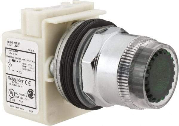 Schneider Electric - 1.18 Inch Mount Hole, Extended Straight, Pushbutton Switch Only - Round, Green Pushbutton, Illuminated, Momentary (MO), Weatherproof, Dust and Oil Resistant - Industrial Tool & Supply