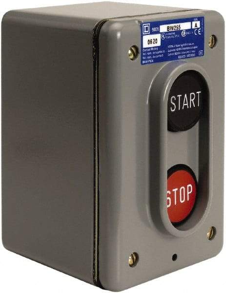 Schneider Electric - 2 Operator, Projecting Pushbutton Control Station - Start, Stop (Legend), Maintained Switch, 2NO Contact, NEMA 4 - Industrial Tool & Supply