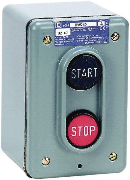 Schneider Electric - 2 Operator, Projecting Pushbutton Control Station - Start, Stop (Legend), Momentary Switch, NO/NC Contact, NEMA 4 - Industrial Tool & Supply