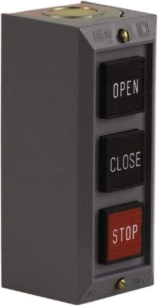 Schneider Electric - 3 Operator, Projecting Pushbutton Control Station - Close, Open, Stop (Legend), Momentary Switch, 2NO/3NC Contact, NEMA 1 - Industrial Tool & Supply
