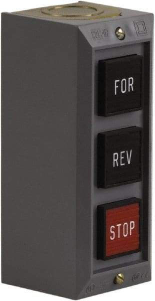 Schneider Electric - 3 Operator, Projecting Pushbutton Control Station - Forward, Reverse, Stop (Legend), Momentary Switch, 2NO/3NC Contact, NEMA 1 - Industrial Tool & Supply