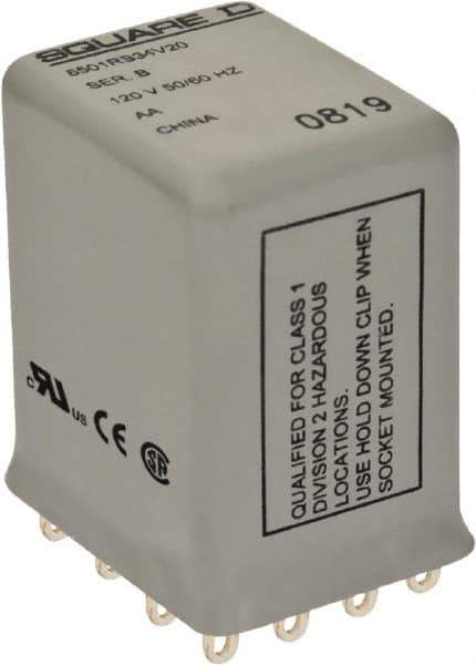 Square D - Electromechanical Plug-in General Purpose Relay - 5 Amp at 240 VAC, 4PDT, 120 VAC at 50/60 Hz - Industrial Tool & Supply