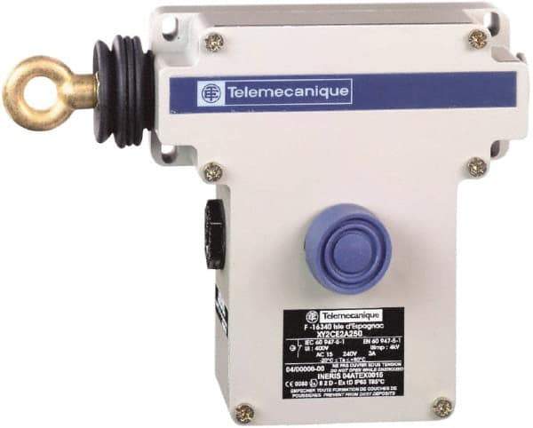 Telemecanique Sensors - 10 Amp, 2NC Configuration, Left Hand Operation, Rope Operated Limit Switch - Pushbutton Reset, Rope Pull, No Pilot Light, 300 VAC - Industrial Tool & Supply