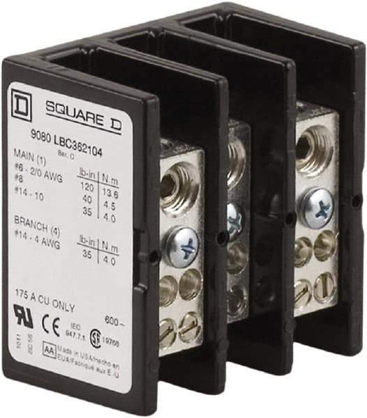 Square D - 3 Poles, 175 (Copper) Amp, Phenolic Power Distribution Block - 600 VAC, 1 Primary Connection - Industrial Tool & Supply