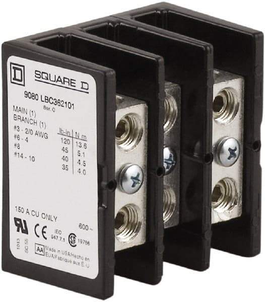 Square D - 3 Poles, 150 (Copper) Amp, Phenolic Power Distribution Block - 600 VAC, 1 Primary Connection - Industrial Tool & Supply