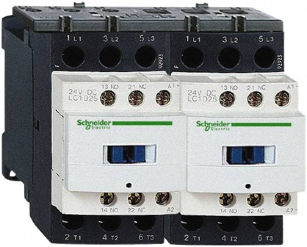 Schneider Electric - 3 Pole, 24 Coil VDC, 9 Amp at 440 VAC, Reversible IEC Contactor - 1 Phase hp: 0.5 at 115 VAC, 1 at 230/240 VAC, 3 Phase hp: 2 at 200/208 VAC, 2 at 230/240 VAC, 5 at 460/480 VAC, 7.5 at 575/600 VAC - Industrial Tool & Supply