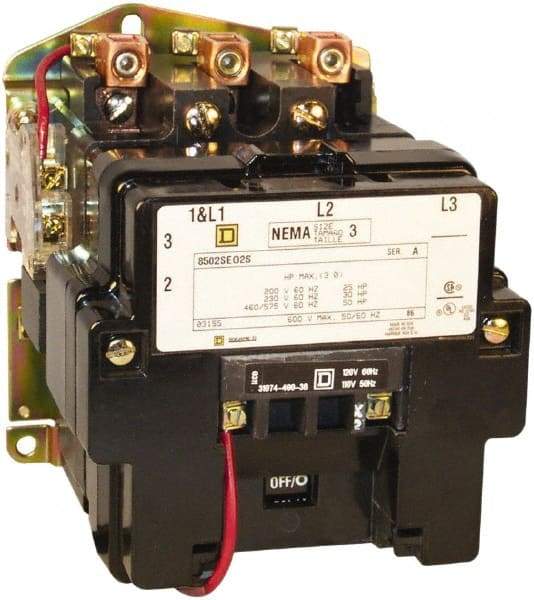 Square D - 3 Pole, 110 Coil VAC at 50 Hz and 120 Coil VAC at 60 Hz, 90 Amp NEMA Contactor - Open Enclosure, 50 Hz at 110 VAC and 60 Hz at 120 VAC - Industrial Tool & Supply