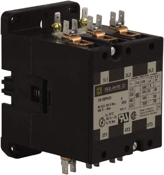 Square D - 3 Pole, 90 Amp Inductive Load, 24 Coil VAC at 50/60 Hz, Definite Purpose Contactor - Phase 1 and Phase 3 Hp:  20 at 230 VAC, 30 at 230 VAC, 50 at 460 VAC, 50 at 575 VAC, 7.5 at 115 VAC, 120 Amp Resistive Rating, CE, CSA, UL Listed - Industrial Tool & Supply