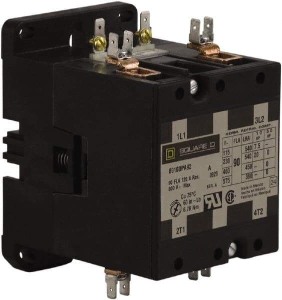 Square D - 2 Pole, 90 Amp Inductive Load, 110 Coil VAC at 50 Hz and 120 Coil VAC at 60 Hz, Definite Purpose Contactor - Phase 1 Hp:  20 at 230 VAC, 7.5 at 115 VAC, 120 Amp Resistive Rating, CE, CSA, UL Listed - Industrial Tool & Supply