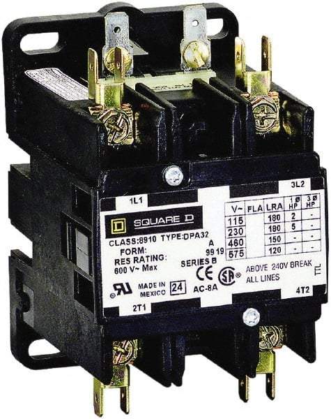 Square D - 2 Pole, 50 Amp Inductive Load, 208 to 240 Coil VAC at 60 Hz and 220 Coil VAC at 50 Hz, Definite Purpose Contactor - Phase 1 Hp:  10 at 230 VAC, 3 at 115 VAC, 65 Amp Resistive Rating, CE, CSA, UL Listed - Industrial Tool & Supply
