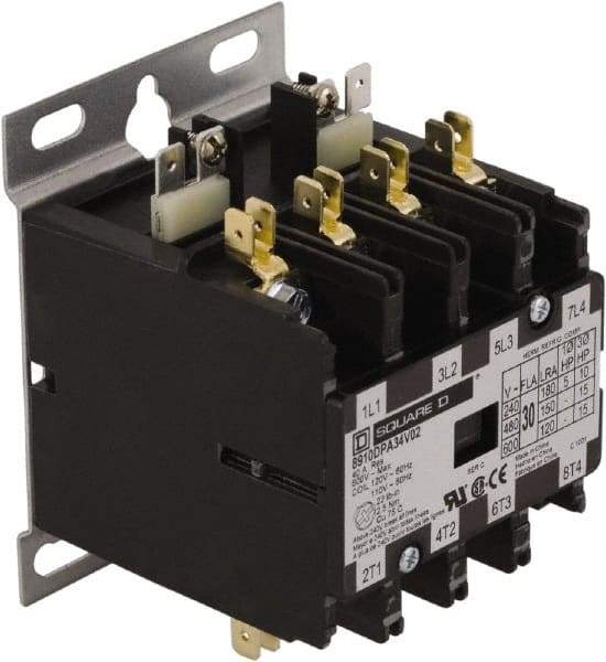 Square D - 4 Pole, 20 Amp Inductive Load, 24 Coil VAC at 50/60 Hz, Definite Purpose Contactor - Phase 1 and Phase 3 Hp:  1.5 at 115 VAC, 3 at 230 VAC, 7.5 at 230 VAC, 7.5 at 460 VAC, 7.5 at 575 VAC, 30 Amp Resistive Rating, CE, CSA, UL Listed - Industrial Tool & Supply